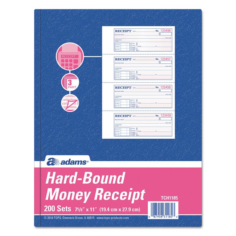 Adams TOPS 3-Part Hardbound Receipt Book, 7 x 2 3/4, Carbonless, 200 Sets/Book TCH1185