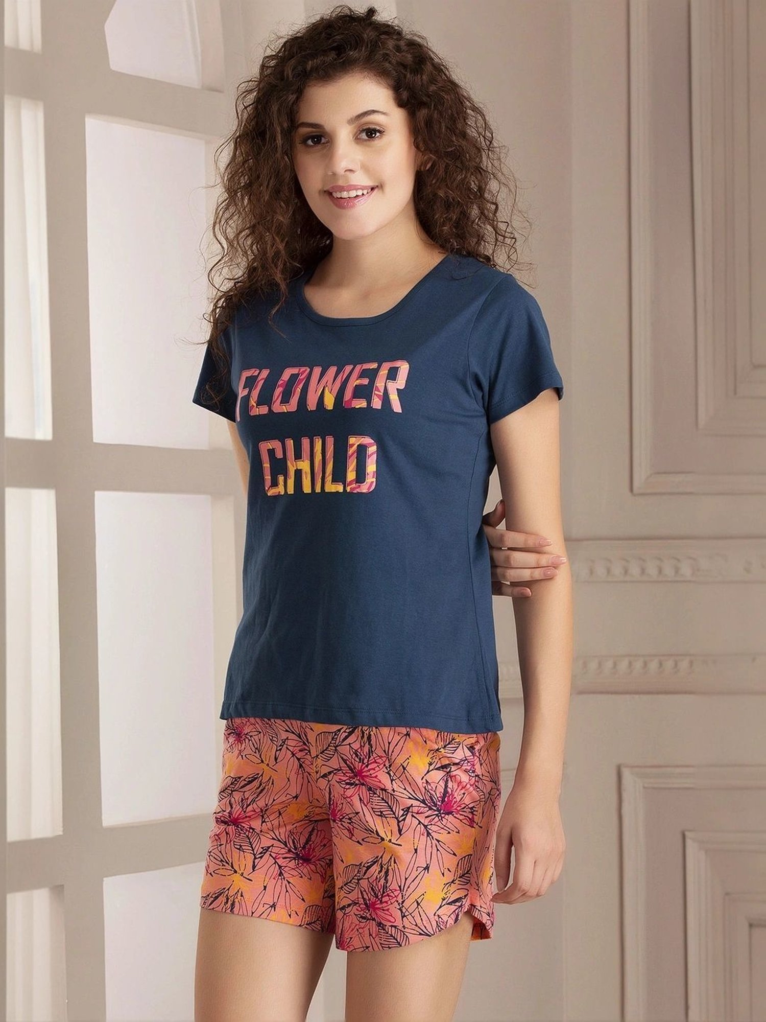 Clovia Navy & Peach Printed Top & Shorts Set