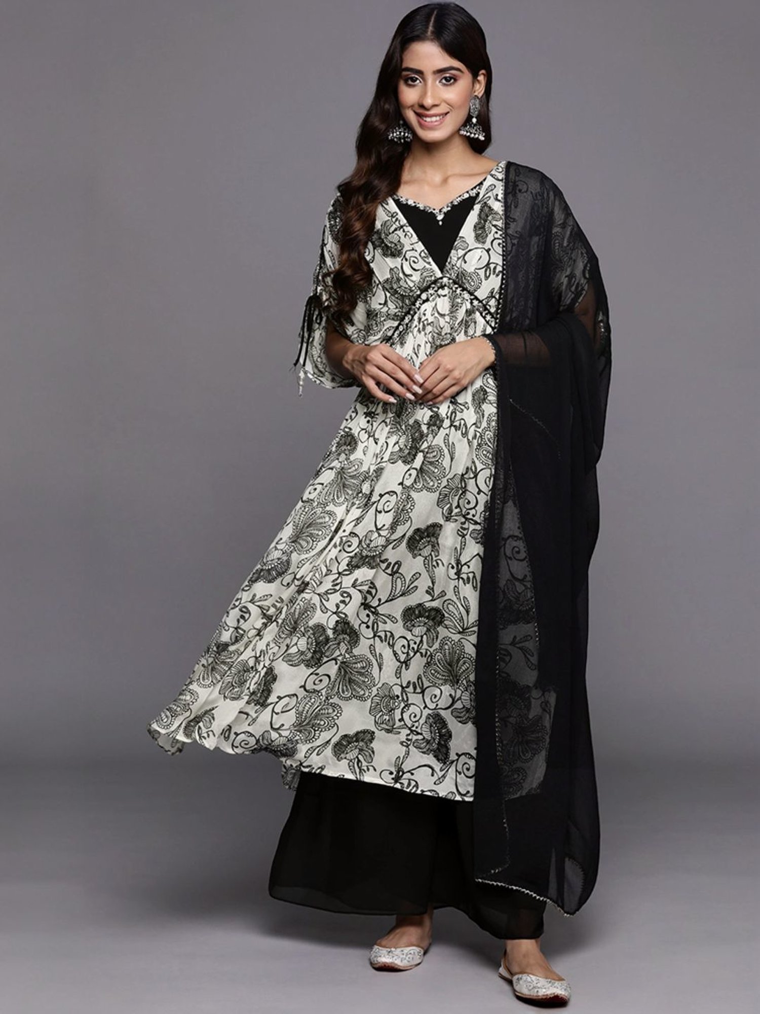 Varanga Off-White & Black Embroidered Kurta Palazzo Set With Dupatta