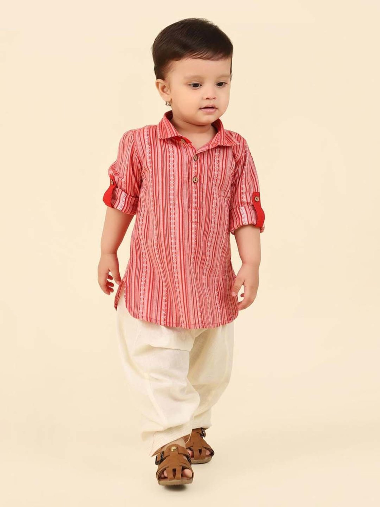 Fabindia Kids Red & Beige Cotton Embellished Full Sleeves Kurta & Pyjama