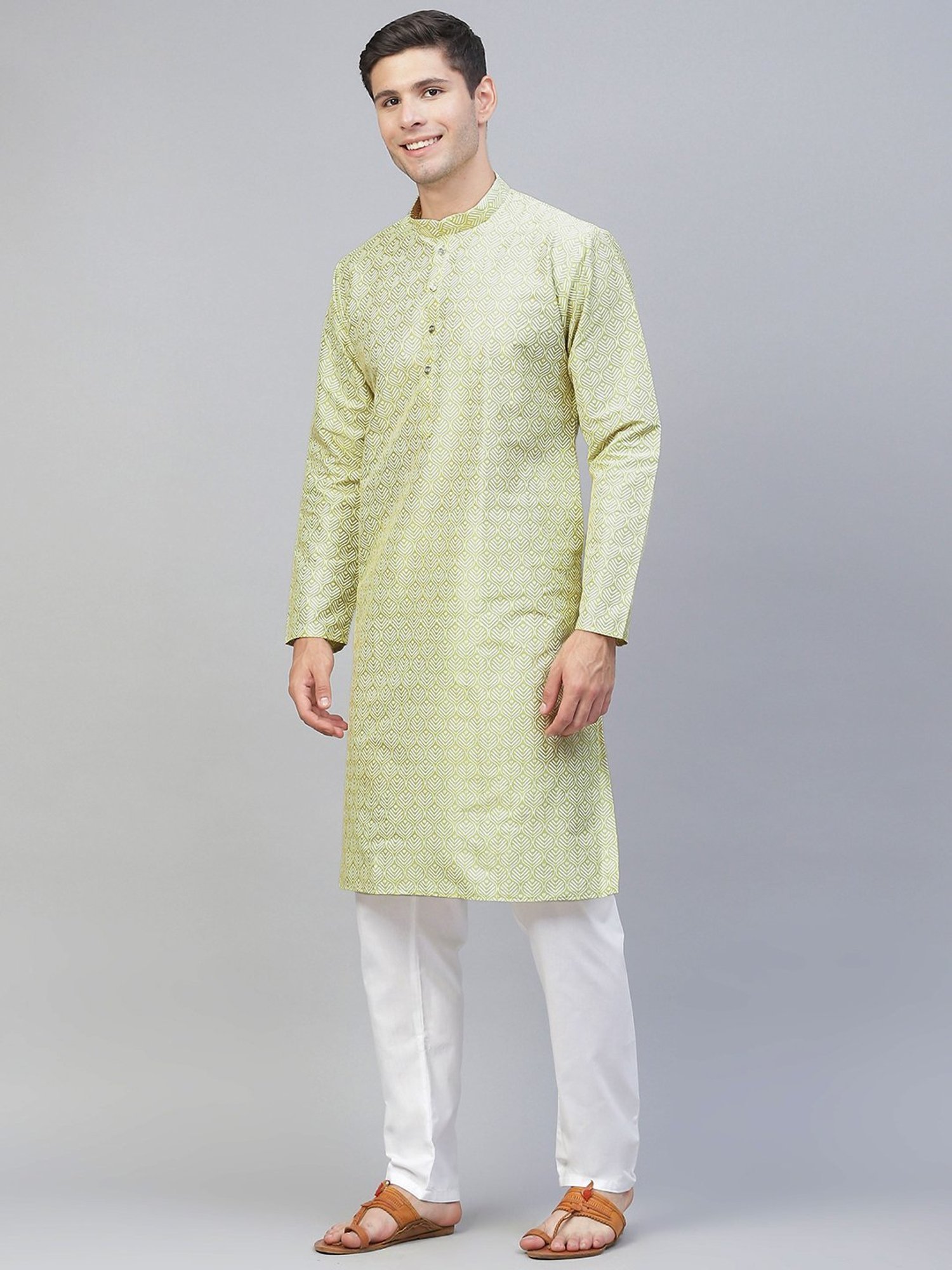 ManQ Green & White Regular Fit Printed Kurta Bottom Set