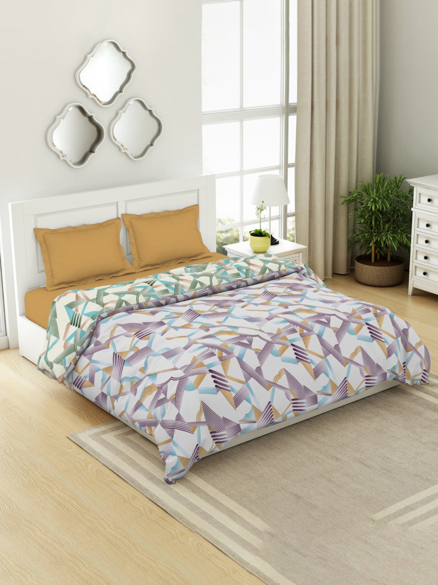 Spaces Blanc De Blanc Geometric White 144 TC Cotton Double Bed Quilt