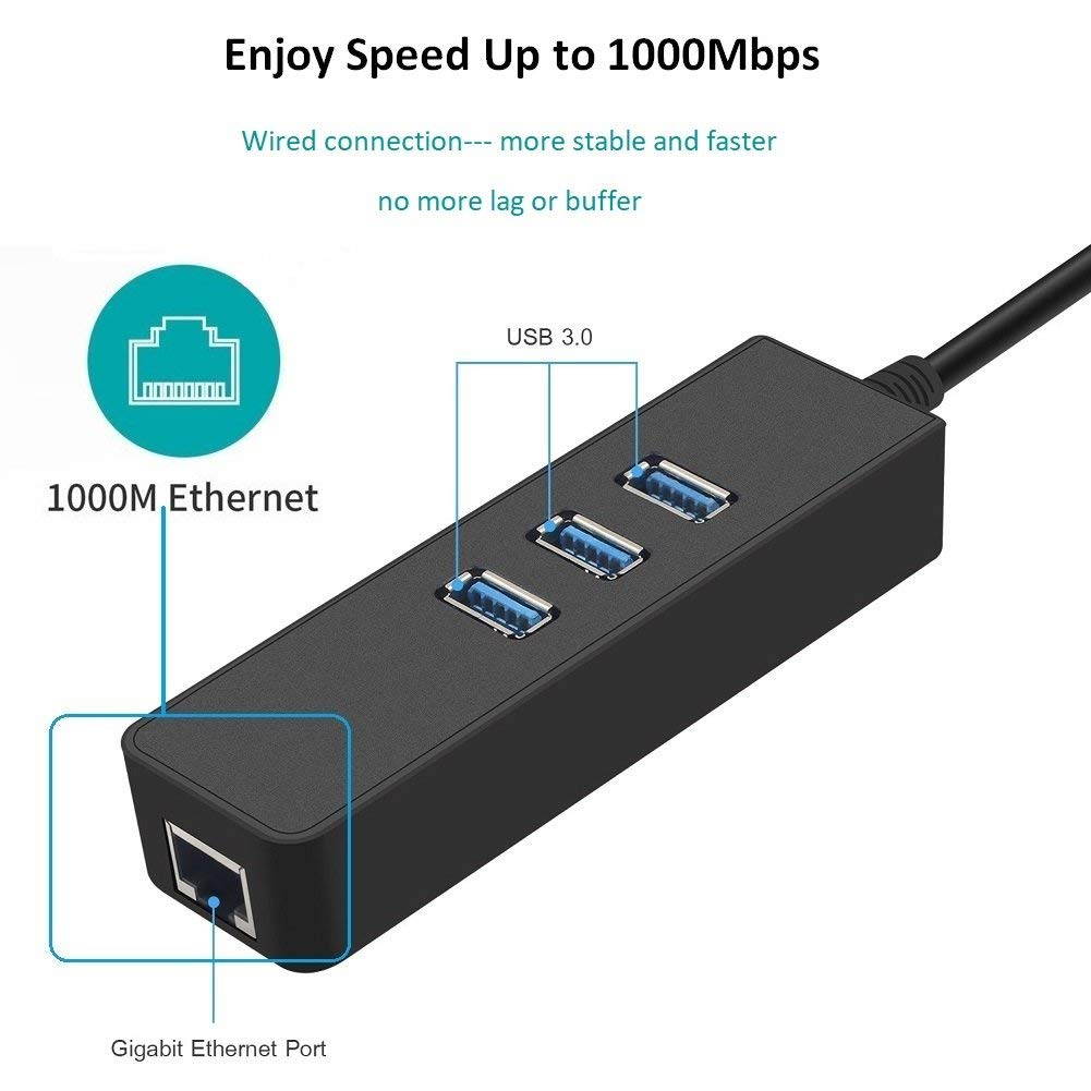 Updated 3-Port USB 3.0 Hub with RJ45 10/100/1000 Gigabit Ethernet Adapter Converter LAN Wired USB Network Adapter, USB 3.0/Type C to RJ45 1 Gigabit Port for Ultrabooks, Notebooks, Tablets and More
