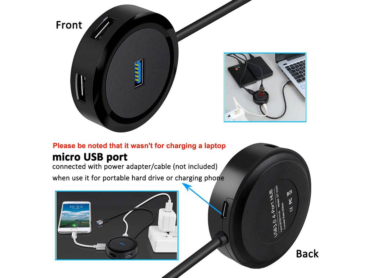 BEFIRST Portable 4-Port USB 3.0 HUB Distributor With Micro USB Power Port Suitable For Super High-Speed Data Transmission And Fast Charging