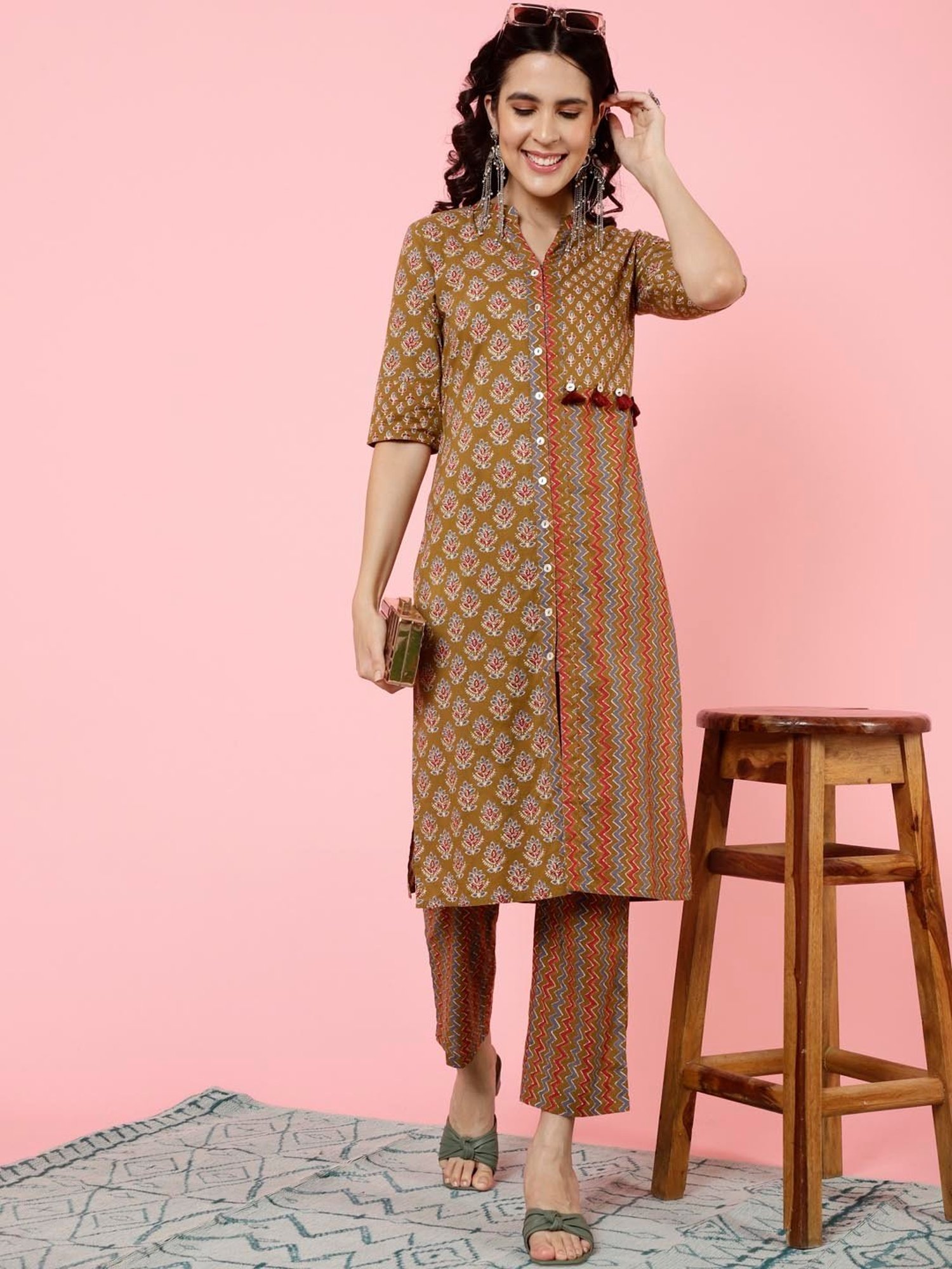Jaipur Kurti Brown Printed Kurta Pant Set
