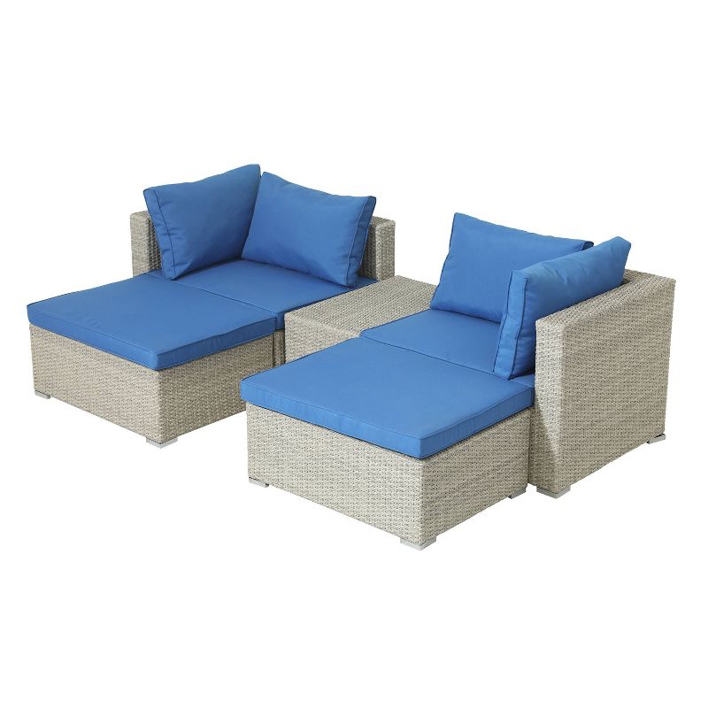 5pc Wicker Rattan Seating Set with Blue Cushions - Accent Furniture