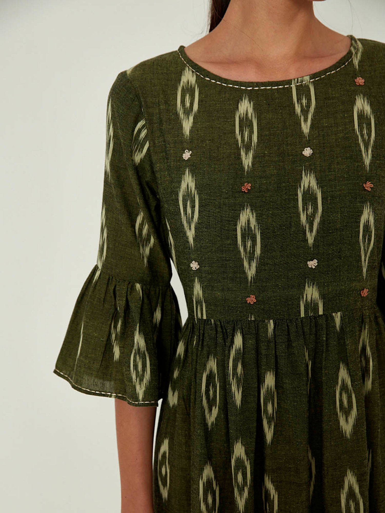 ANCESTRY Green Cotton Printed Midi Dress