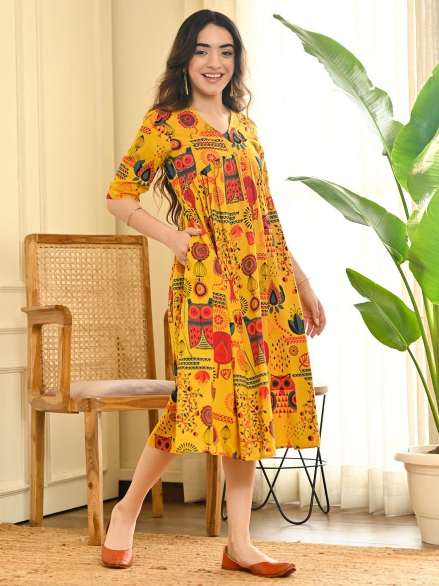 Rustorange Yellow Printed A-Line Dress