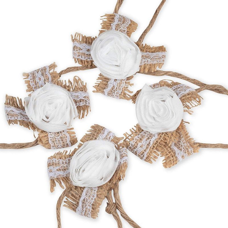 Genie Crafts 4-Count Burlap Fabric Flower Wrist Corsage for Wedding, Bridesmaids, DIY Arts and Crafts, 3.75 in