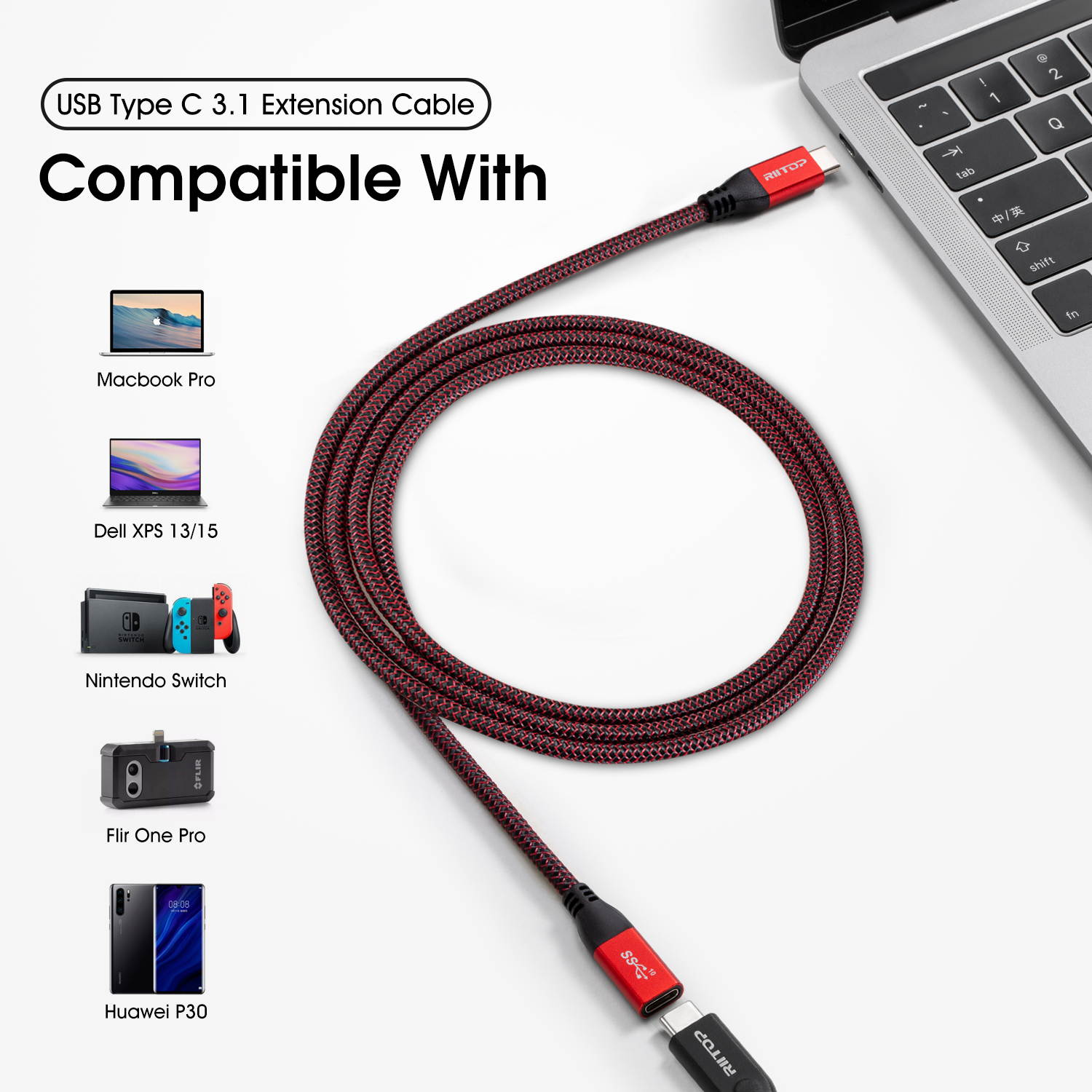 USB C Extension Cable 6Ft (2Pack), RIITOP USB 3.1 Gen2 10Gbps Type C Male to Female Extension Charging & Sync for Nintendo Switch, M1 MacBook Pro Air iPad Pro 2020 Dell XPS Surface Book