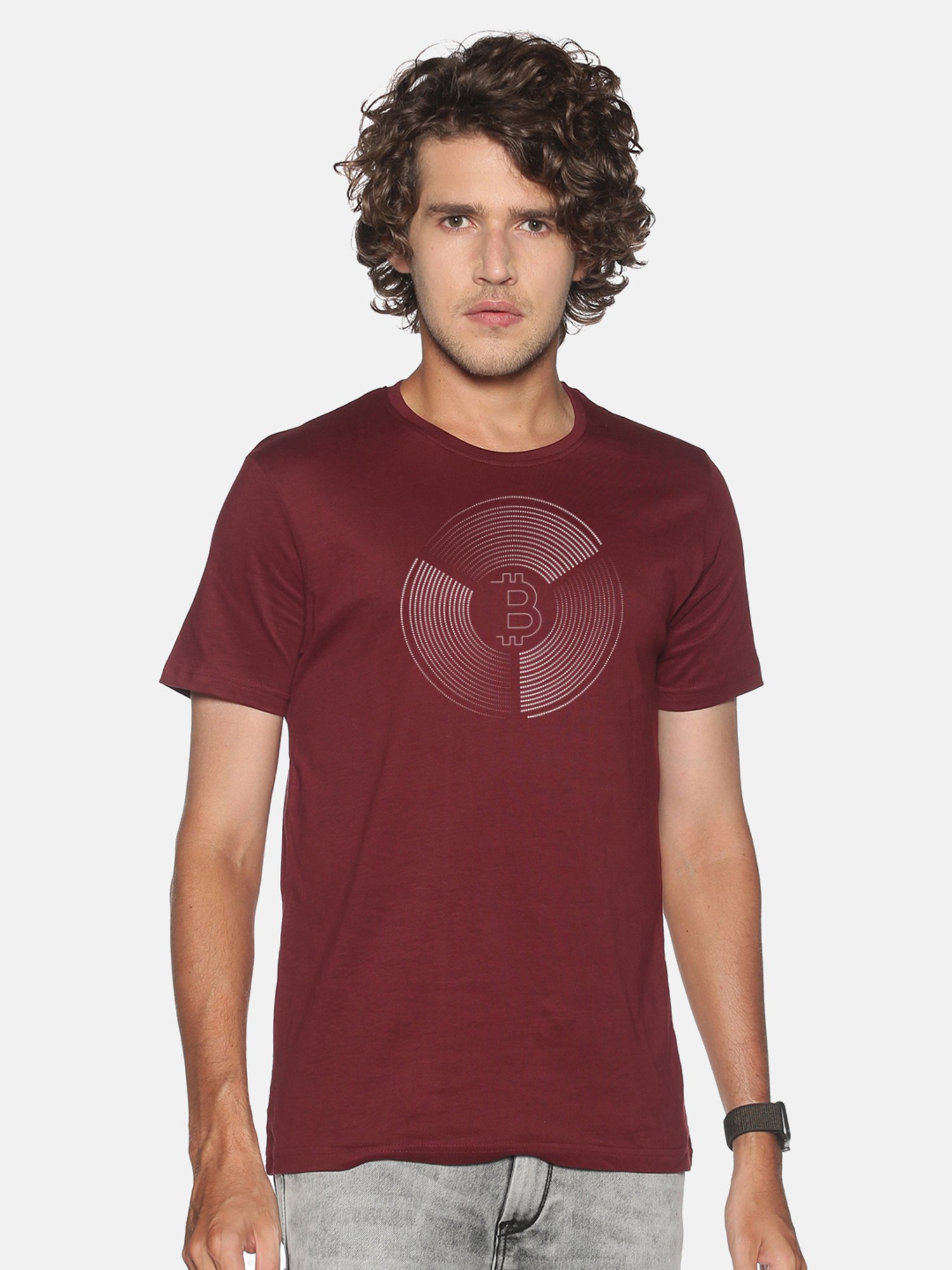 BLACK RADIO Maroon Slim Fit Printed Cotton Crew T-Shirt