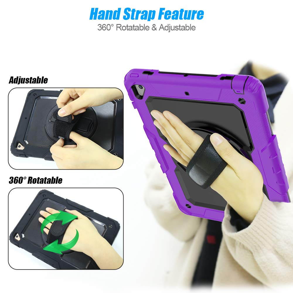IPad 5th/6th Generation Case,Shockproof, Drop proof, 360 Degree Rotation Kickstand, Hand Strap,Shoulder Strip to Hang in Car Seat.Built-in Screen Protector for New iPad 9.7 2018/2017 Case