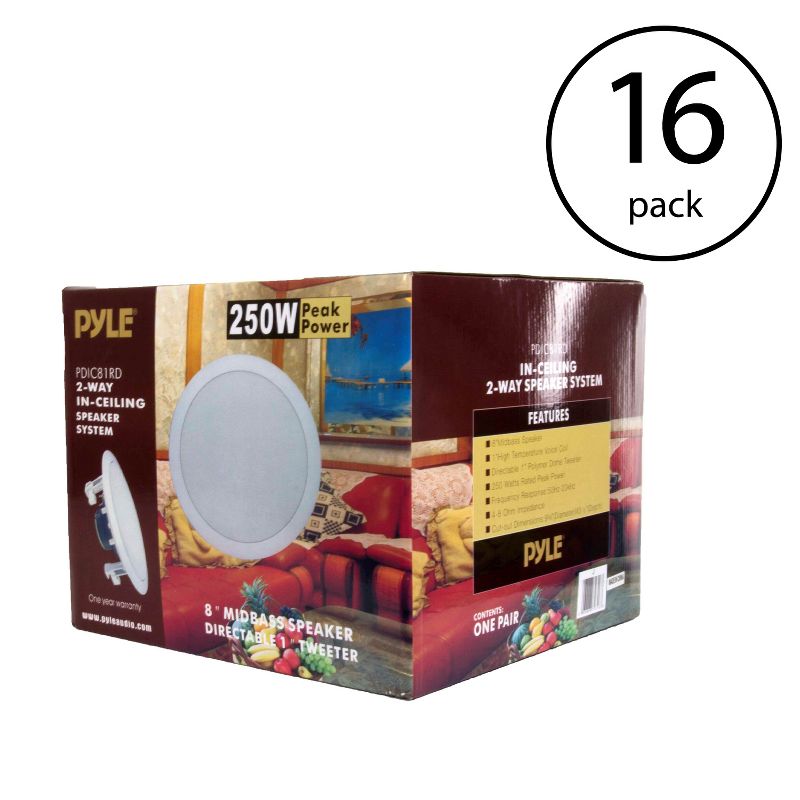 Pyle 8 Inch 500W 2 Way In Wall Ceiling Home Speakers System Audio Pair (16 Pack)