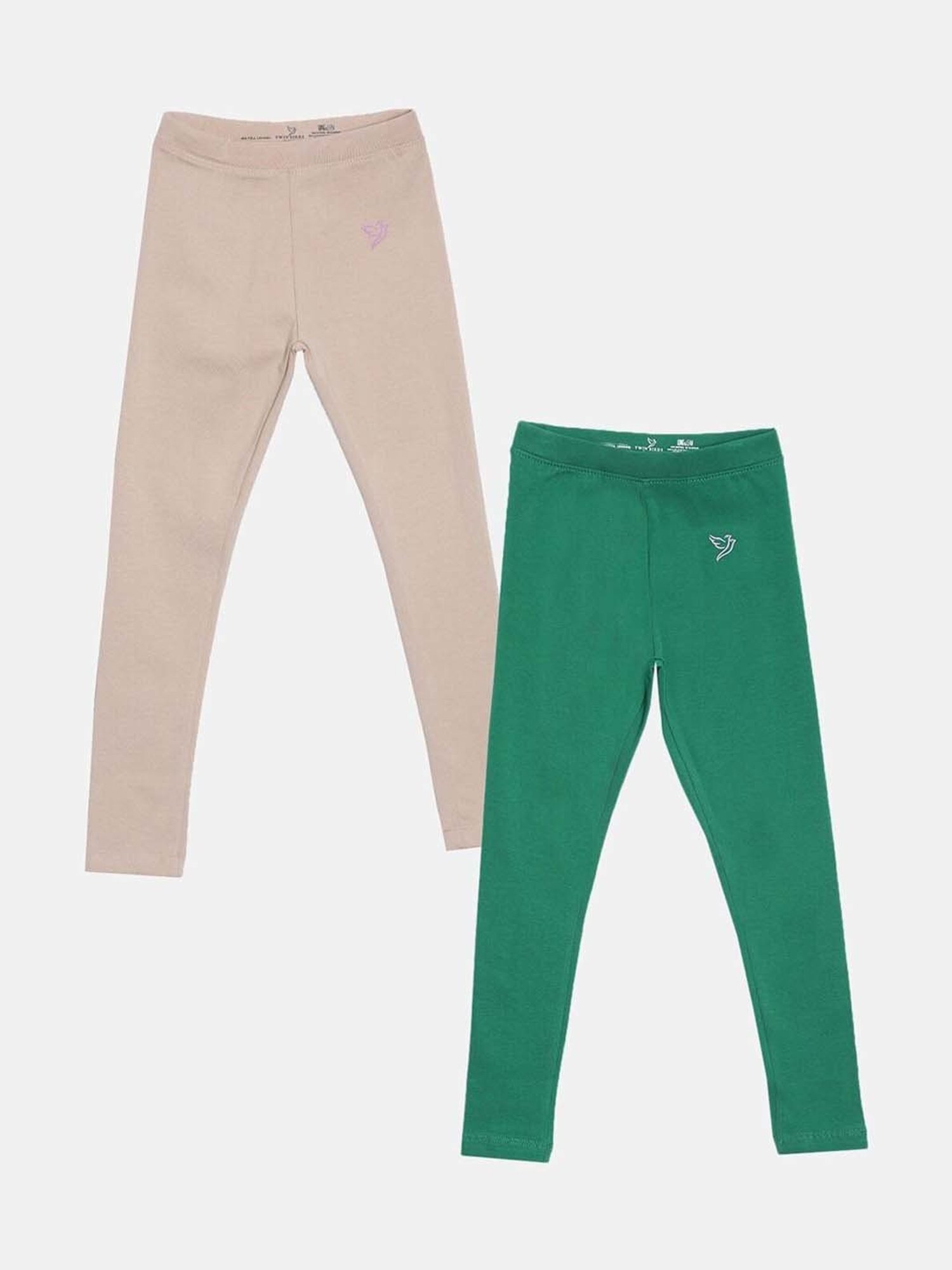 TWIN BIRDS Kids Green & Beige Cotton Regular Fit Leggings (Pack of 2)