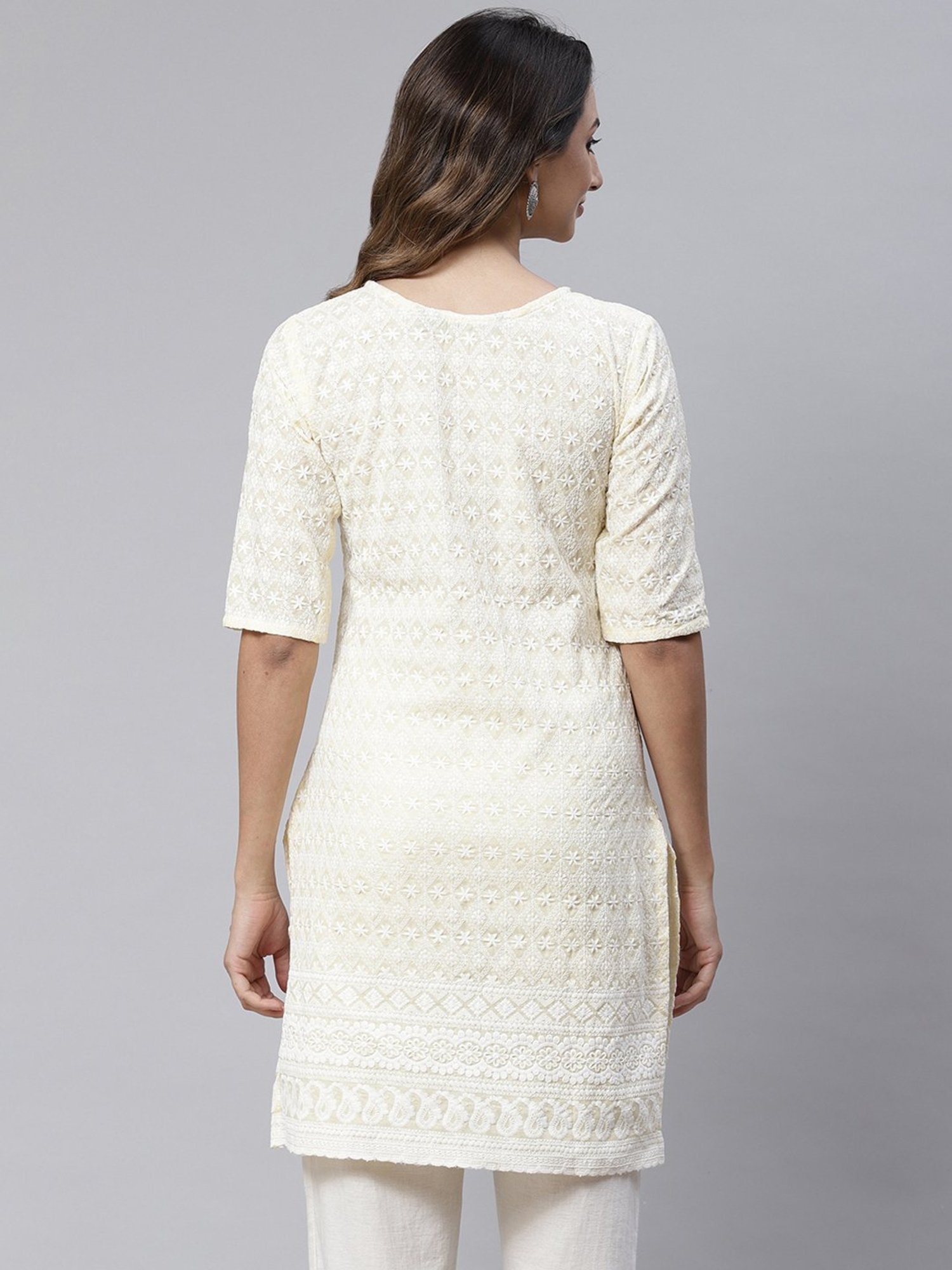 SWAGG INDIA Cream Cotton Embroidered Straight Kurti