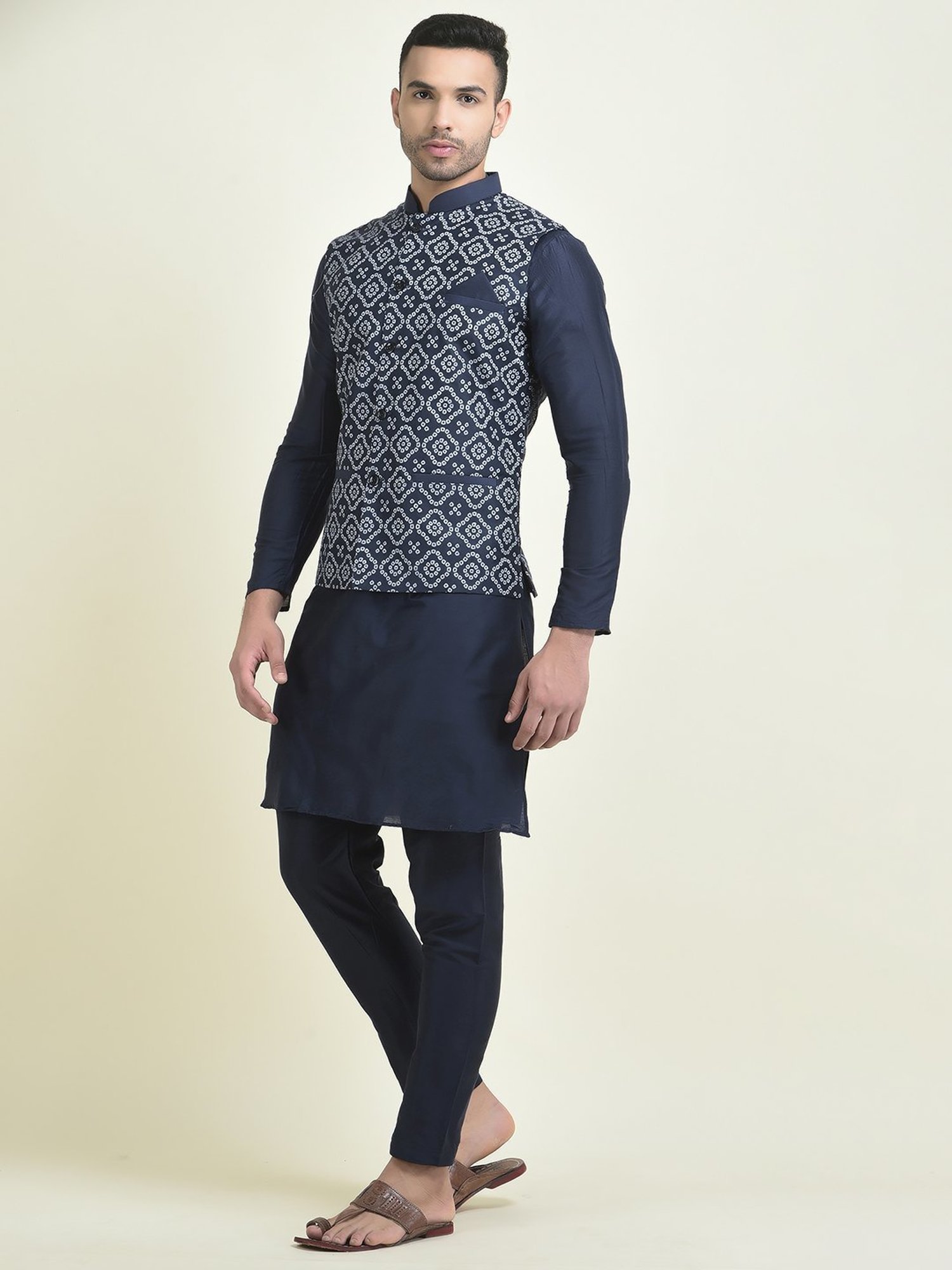 Deyann Navy Blue Regular Fit Printed Kurta Set With Jacket
