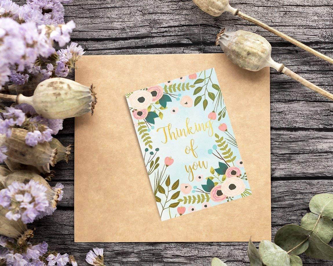 48-Pack Thinking of You Note Cards - Bulk Box Set - Blank on the Inside - Colorful Flower Designs with Gold Foil Print - Includes 48 Greeting Cards and 48 Envelopes - 4 x 6 Inches