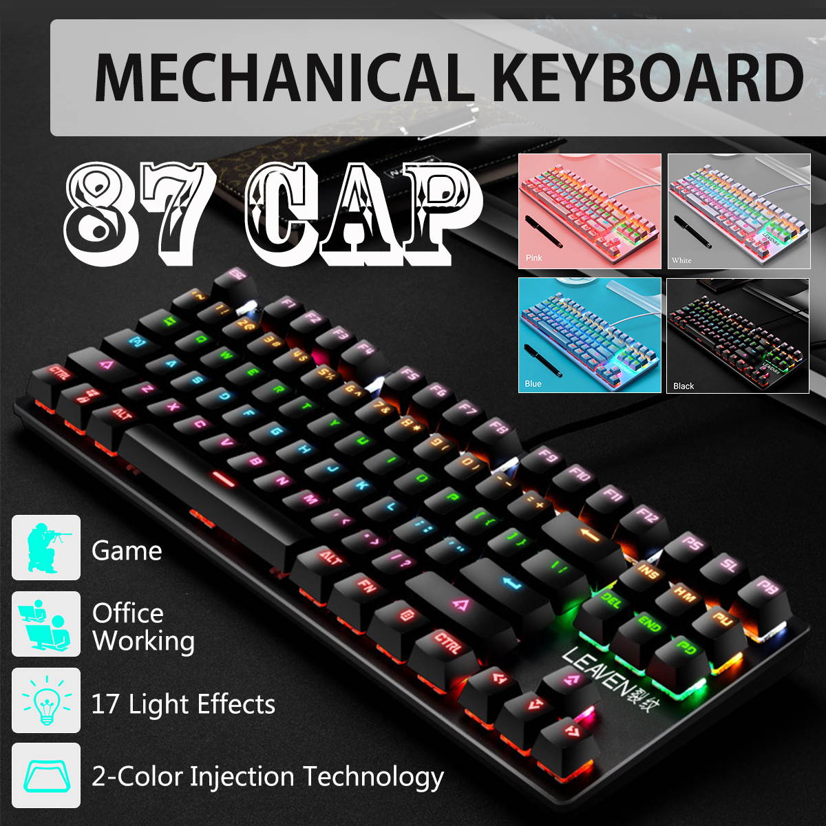 CUUWE K550 87 Keys Wired Mechanical Keyboard Blue Switch Waterproof 19 RGB Backlight Gaming Keyboard for Windows XP/7/8/10 Systems