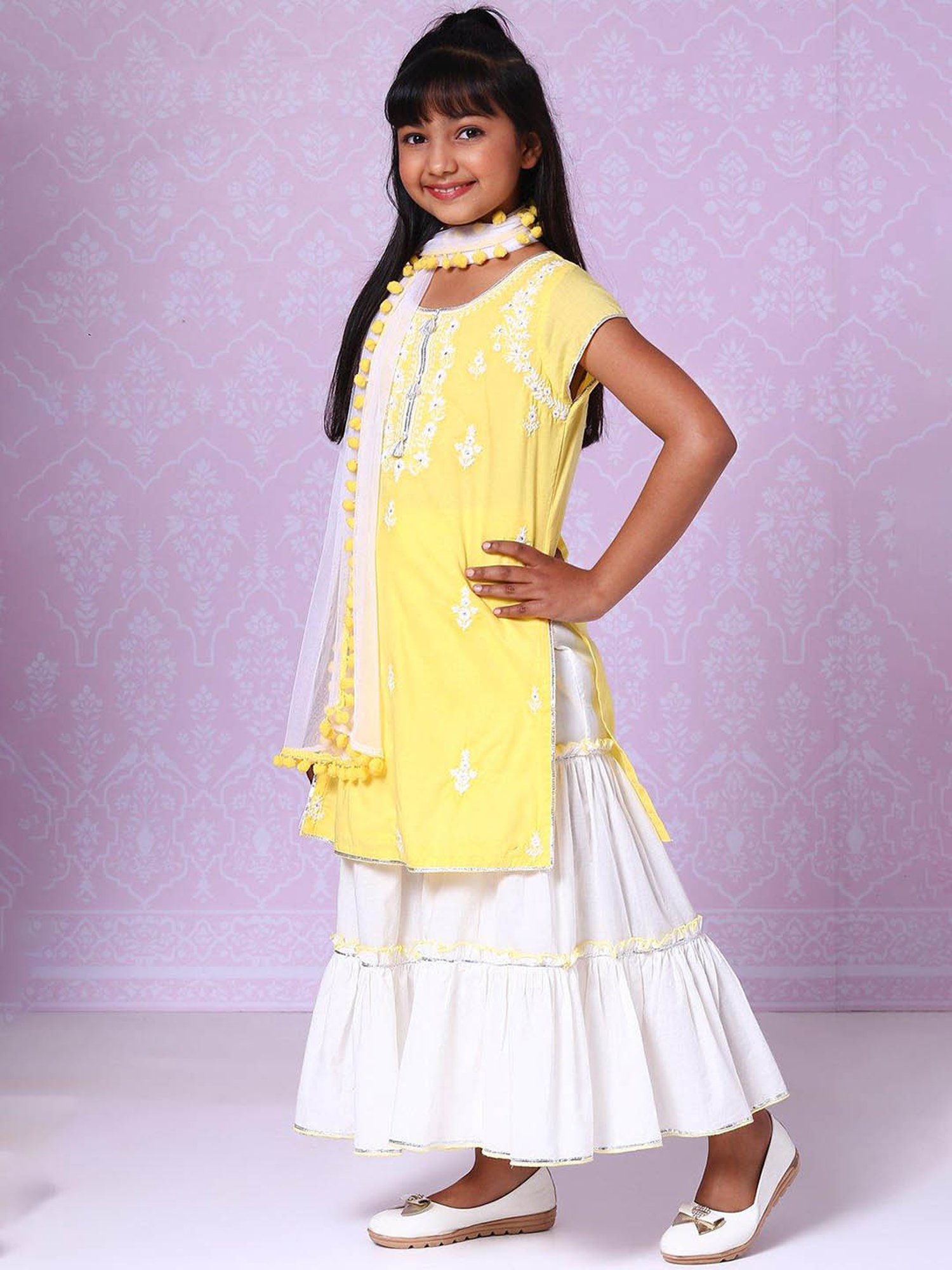 BIBA Girls White & Yellow Embroidered Kurta, Palazzos with Dupatta