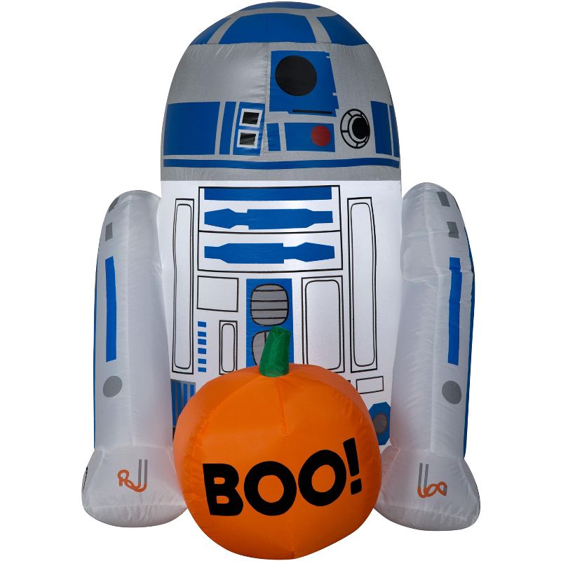 Gemmy Airblown R2 D2 w/BOO Pumpkin Star Wars, 3 ft Tall, white