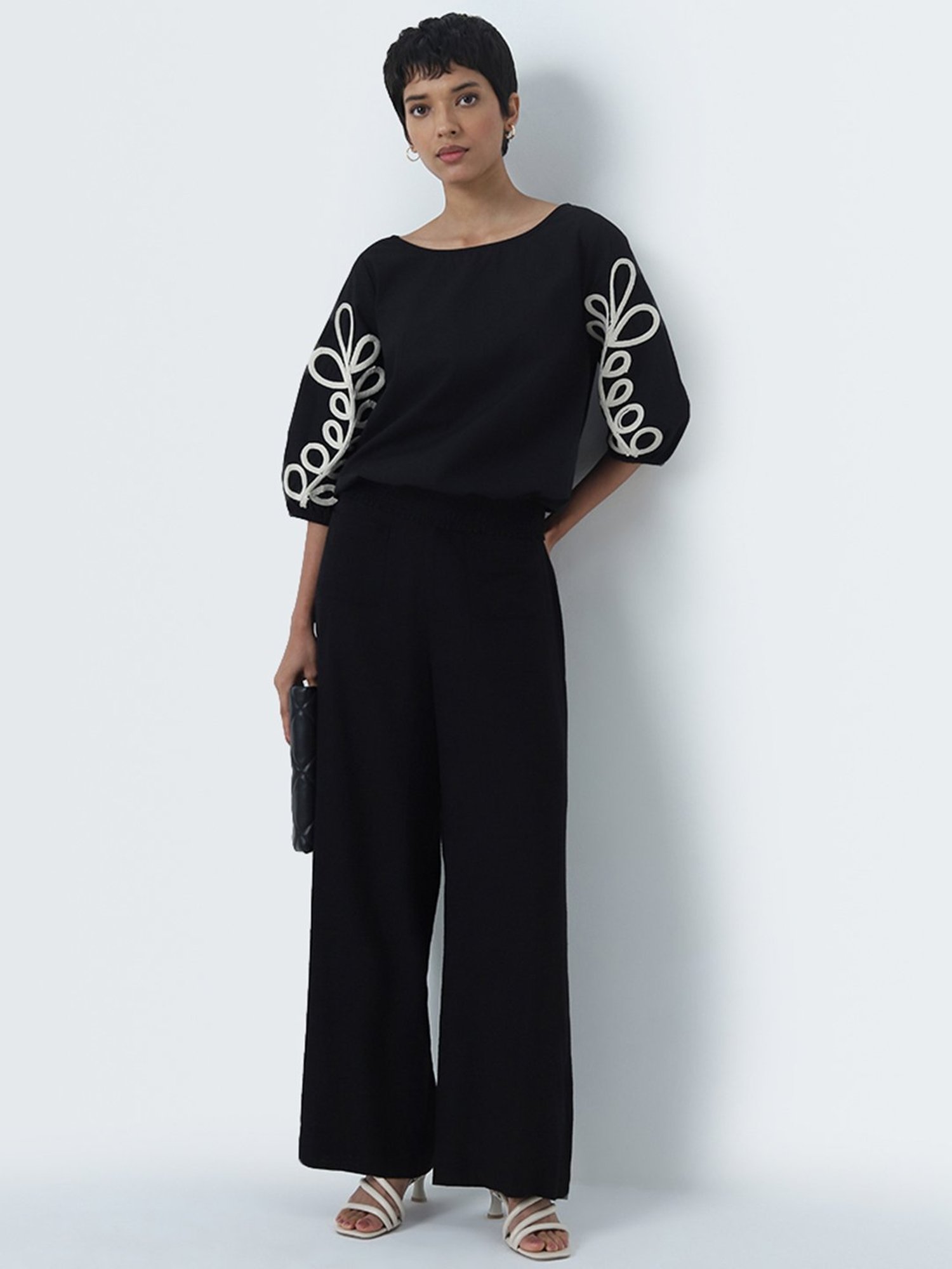 LOV by Westside Black Leaf Embroidered Cotton Blouse