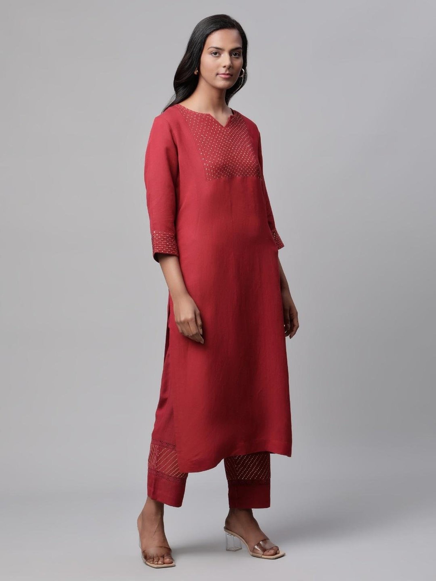 Linen Club Women Maroon Embellished Kurta