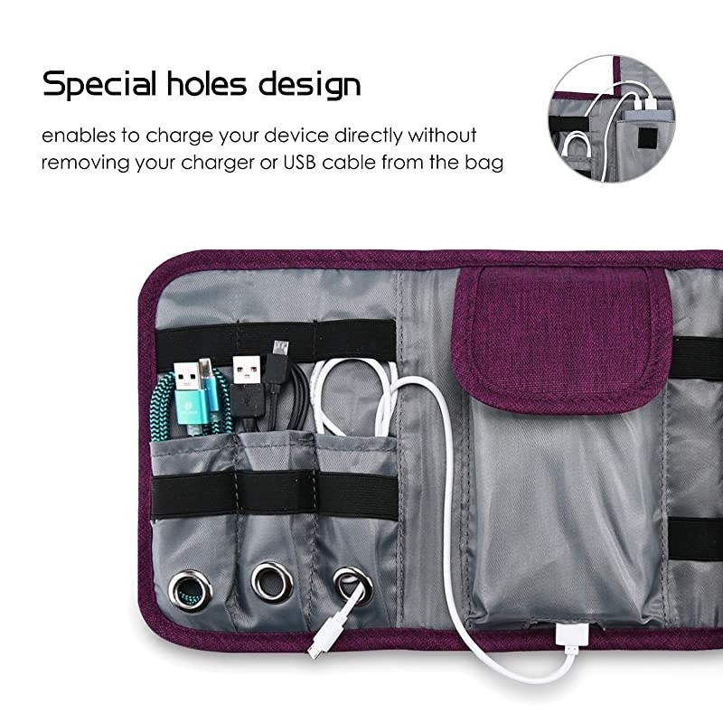 Travel Gadgets Organizer Bag, Universal Electronic Accessories Cable Roll-Up Pouch Portable Gear Storage Carrying Cover for Cords SD Memory Cards Earphone Hard Drive &ndash;Purple