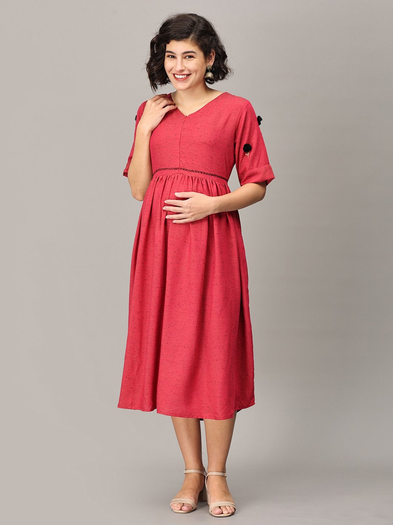 The Mom Store Magenta Embroidered Maternity Midi Dress