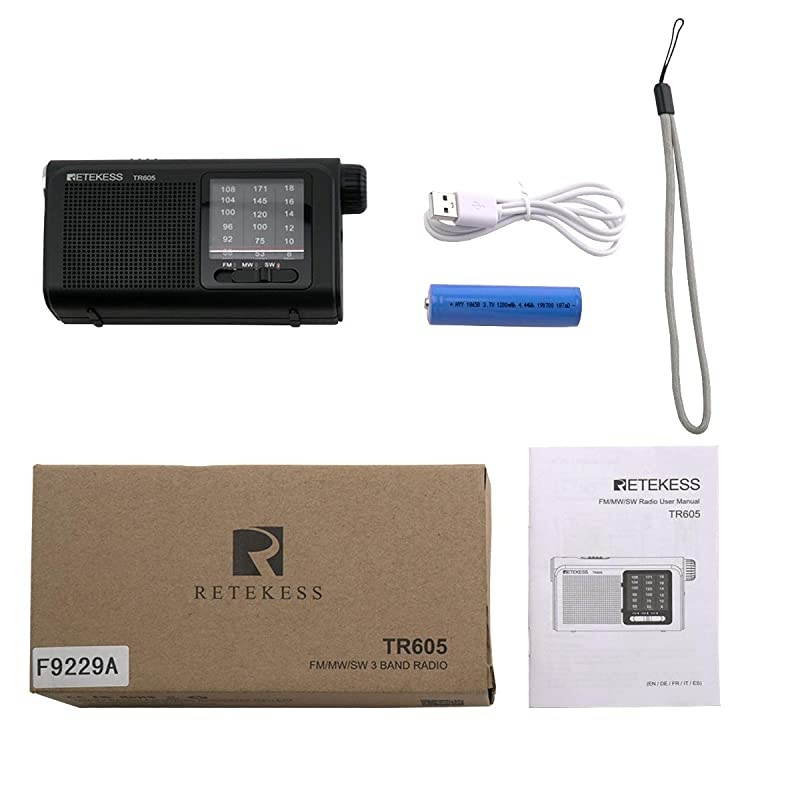 TR605 AM FM Radio Portable Transistor Radio Battery Operated Portable Shortwave Radio with LED Flashlight Earphone Jack for Bedroom Black