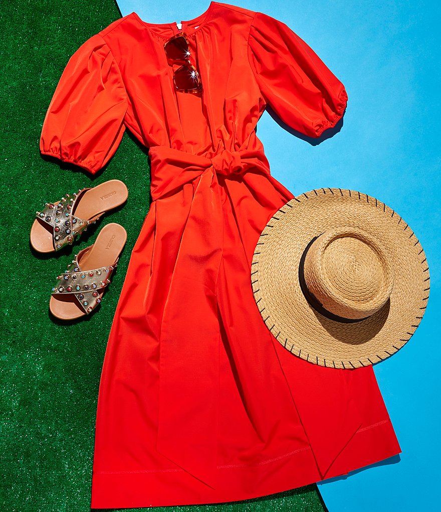 LDT Connie Front Tie Short Sleeve Blouson Midi Dress