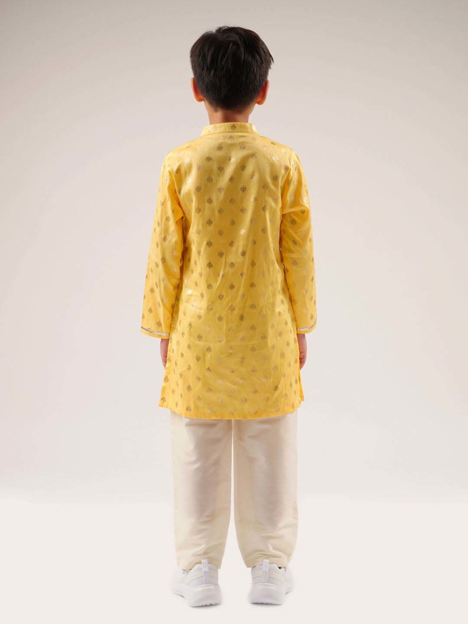 Lil Drama Kids Yellow & White Cotton Embroidered Full Sleeves Kurta Set