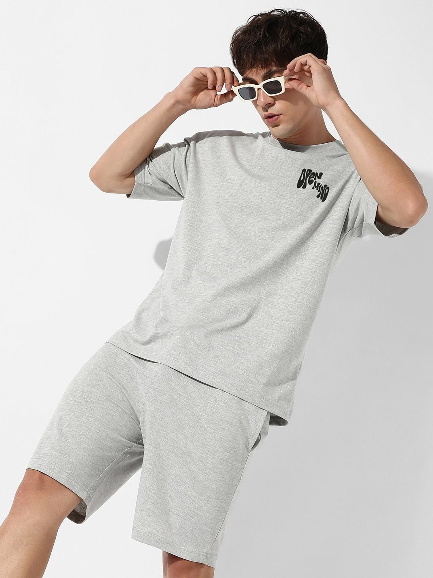 Campus Sutra Grey Regular Fit Oversized Open Mind Printed Co-Ord Set