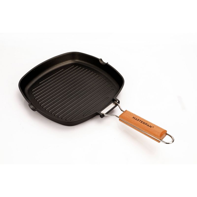 MasterPan 11" Non-Stick Cast Aluminum Grill Pan with Folding Wooden Handle
