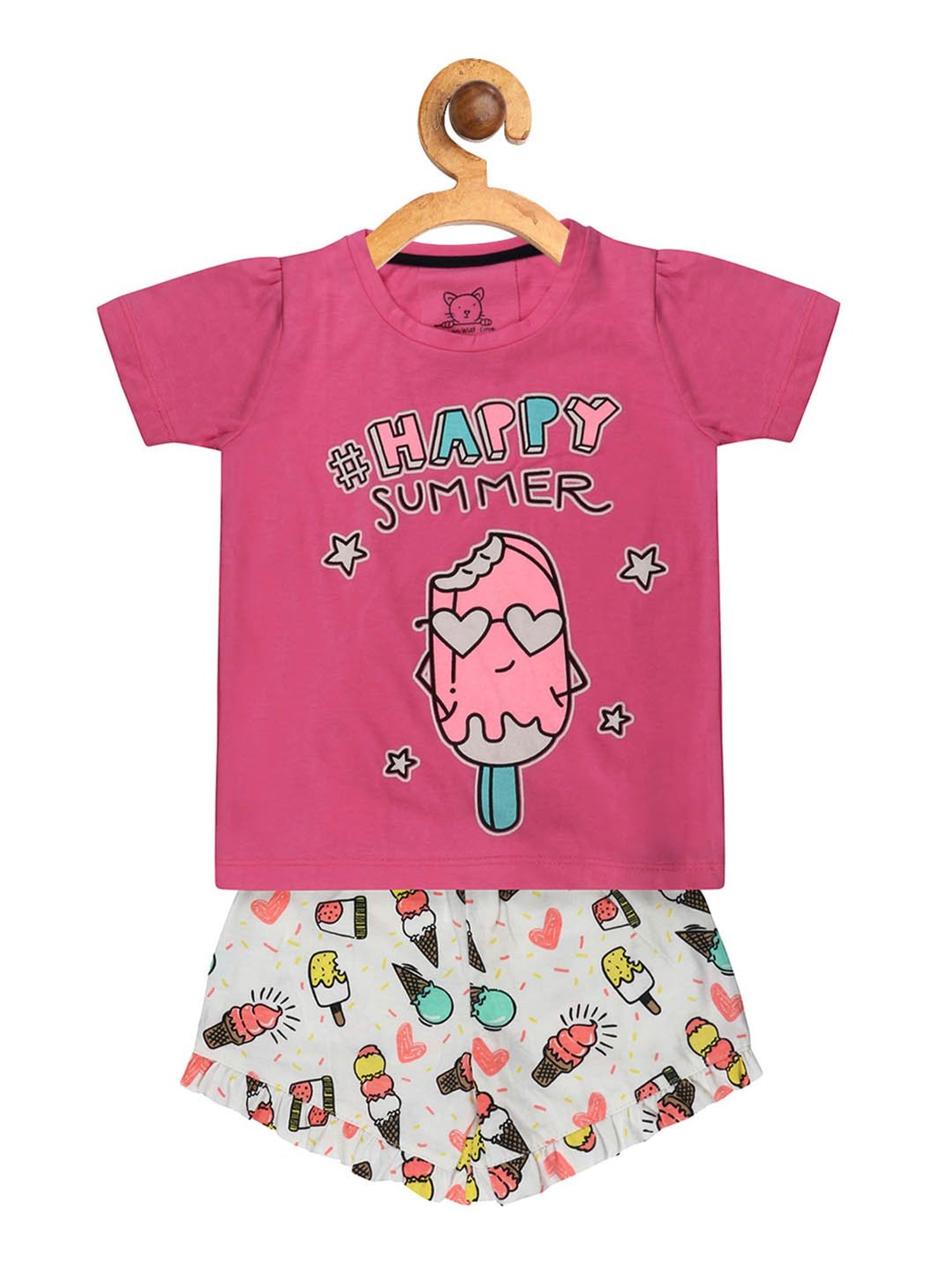 Lazy Shark Kids Magenta & White Printed  Top with  Shorts