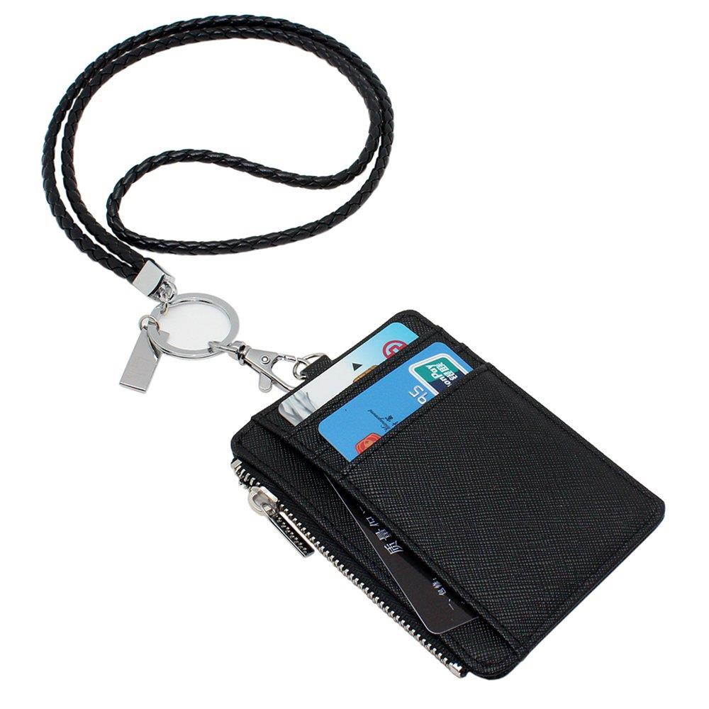 Boshiho Saffiano Leather Badge Holder ID Card Holder Coin Change Purse with Keychain Lanyard (Black with Keychain)