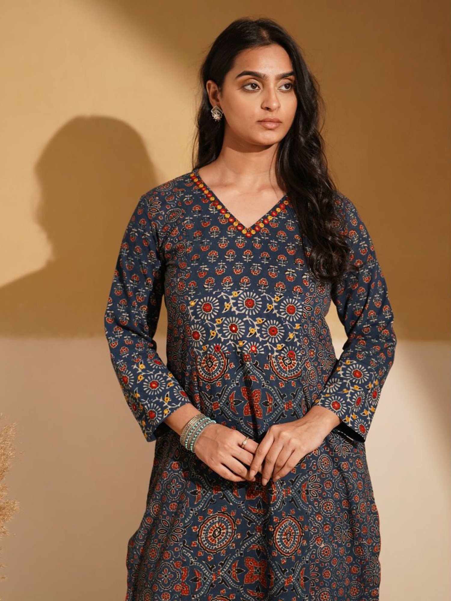 Love Chic Indigo Blue Cotton Ajrakh Straight Kurta