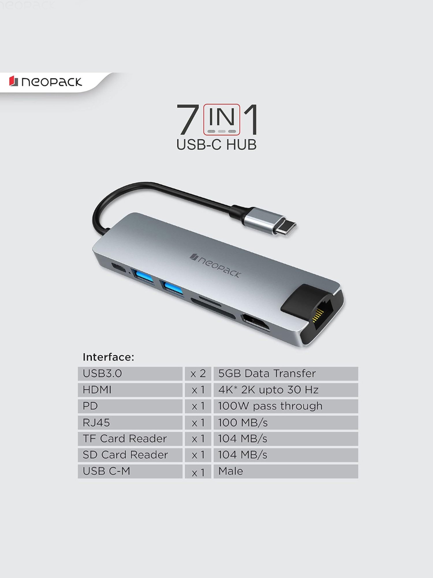 Neopack 7 in 1 USB C Hub Multiport Adapter with SD-TF Card Slots, USB 3.0 5Gbps Data Ports (Silver)