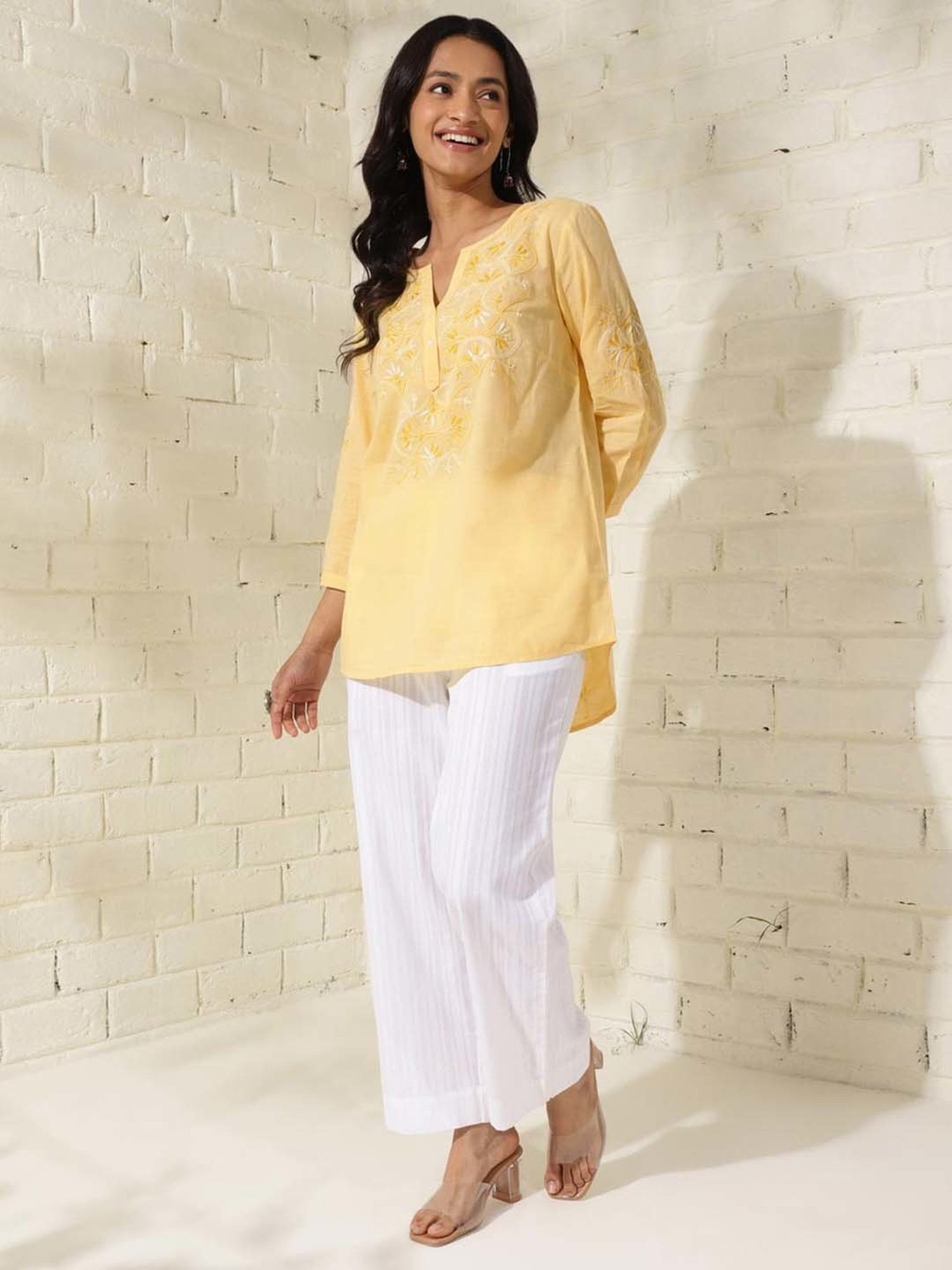 Fabindia Yellow Cotton Embroidered Tunic