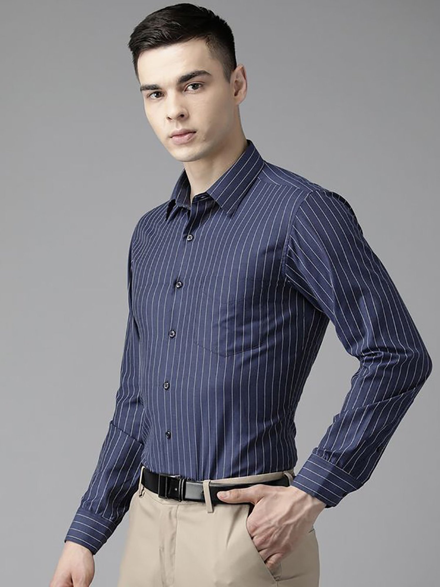 English Navy Navy Blue Slim Fit Stripes Shirts