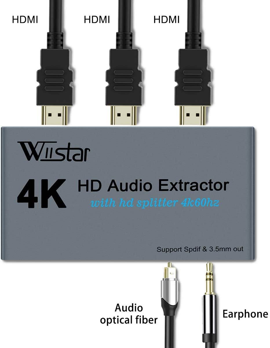 Wiistar 4K HDMI Audio Extractor with 4K60hz HDMI Splitter 1 in 2 Out Spdif/Toslink/Optical 3.5mm Jack Audio Out Signal Distributor Converter for PS4 Xbox One DVD Blu-ray Player HD TV Projector