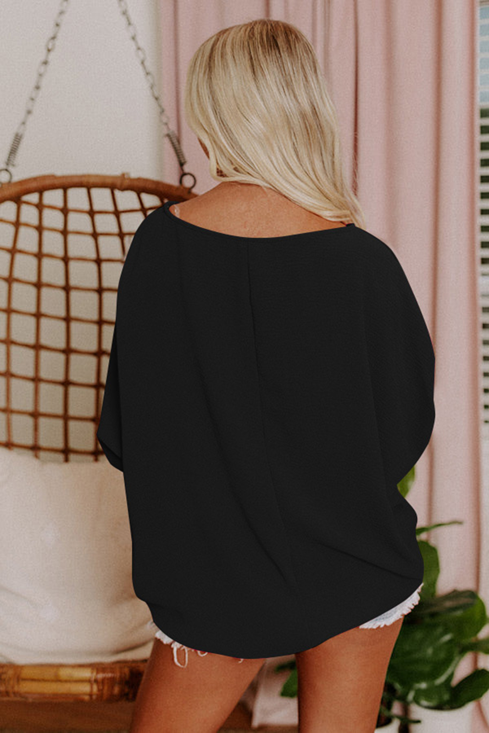 Black Plain Batwing Sleeve Business Casual Blouse