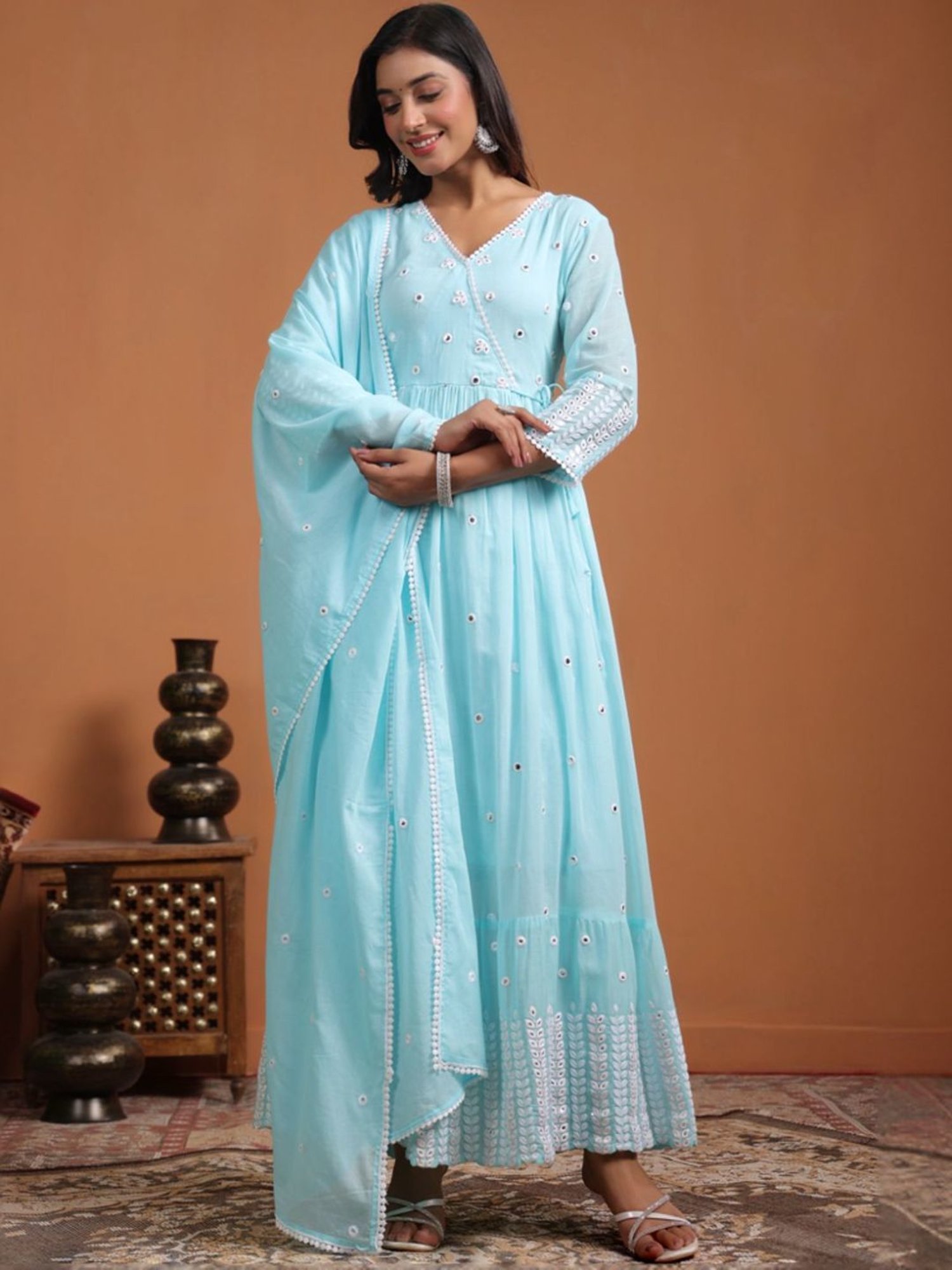 SCAKHI Aqua Blue Mulmul Foilage Mirror Embroidered Angrakha Kurta With Pants And Dupatta