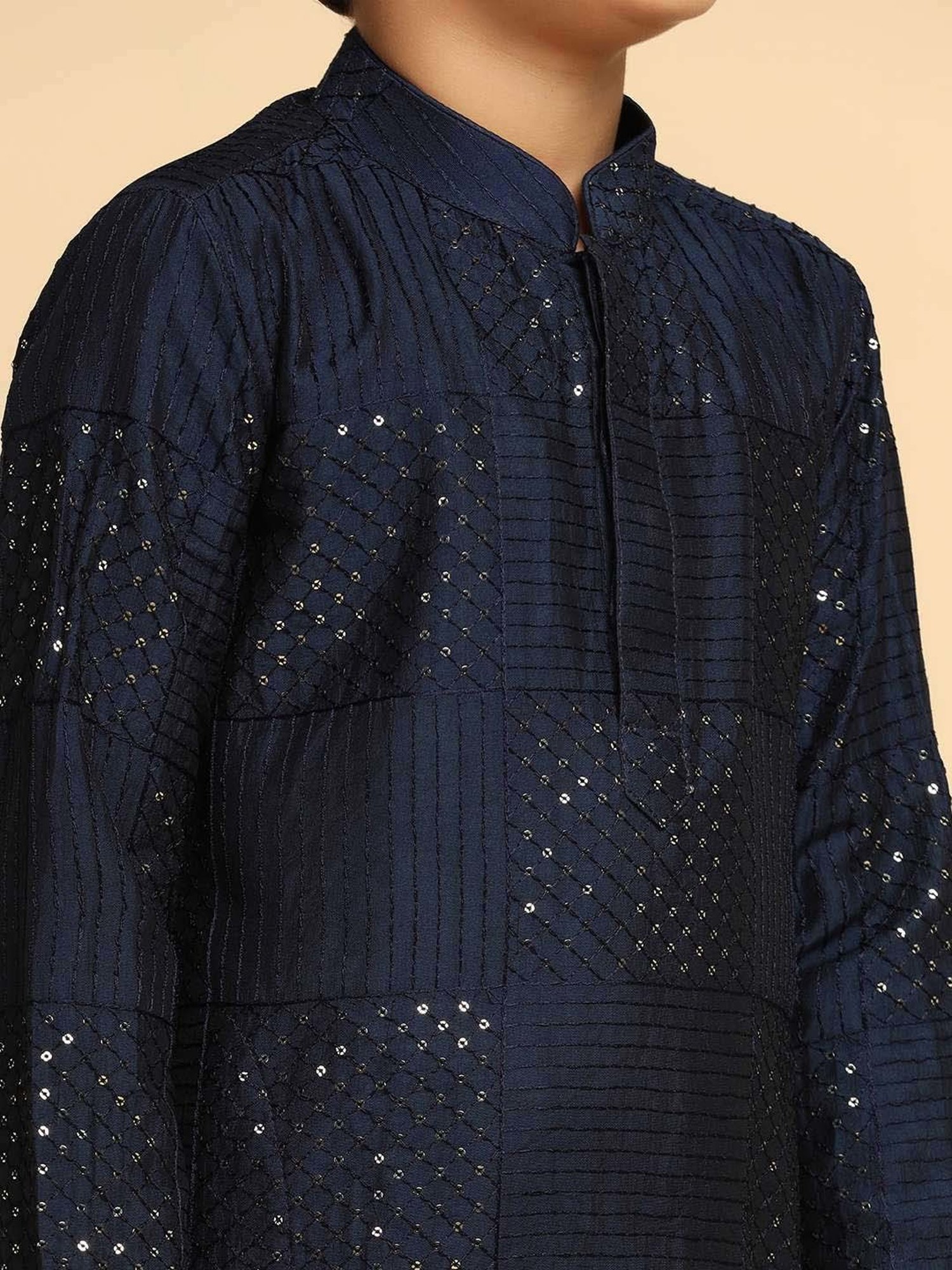 KISAH Kids Navy Cotton Embroidered Full Sleeves Kurta