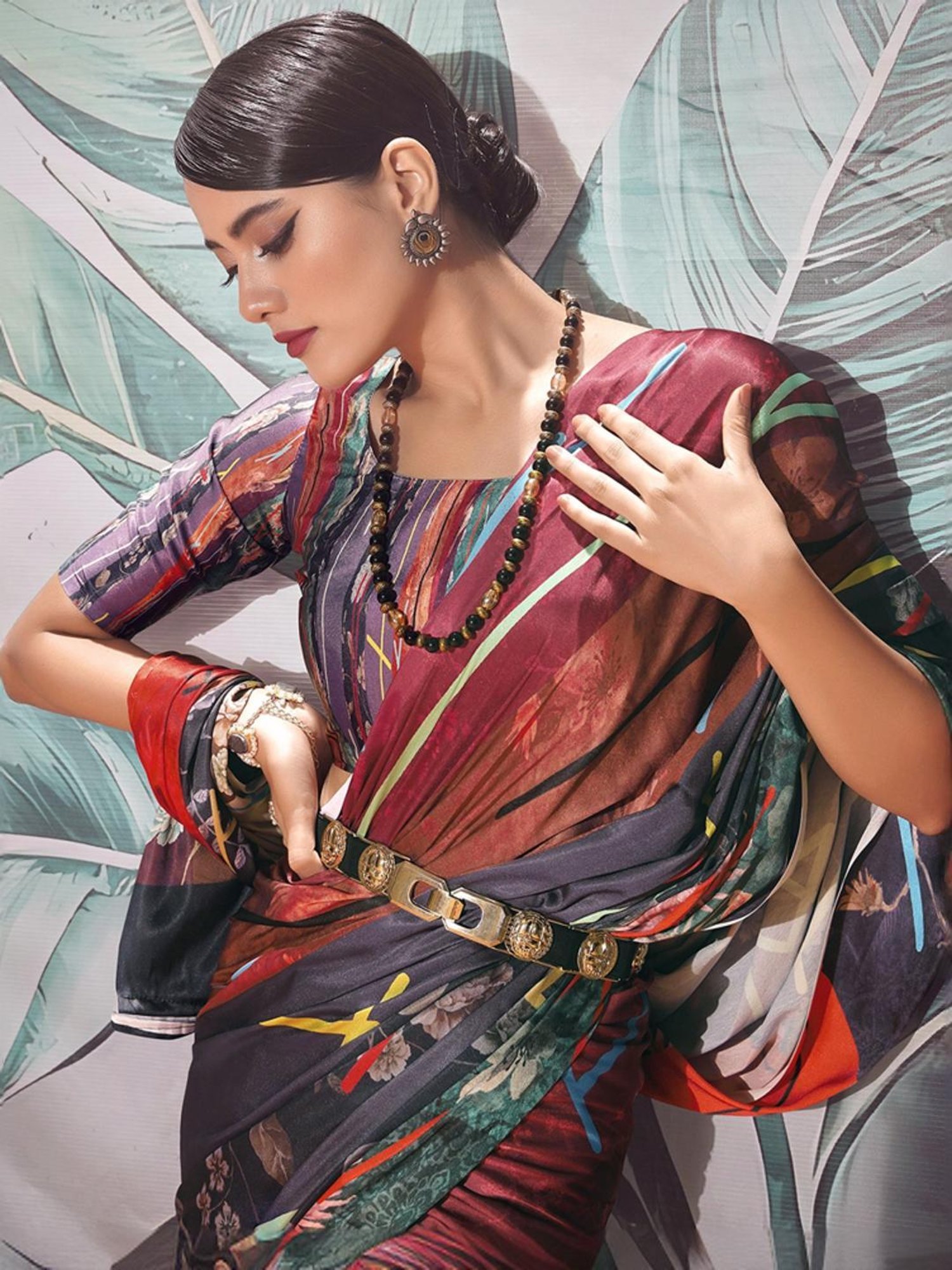 Satrani Multicolored Floral Print Saree With Unstitched Blouse