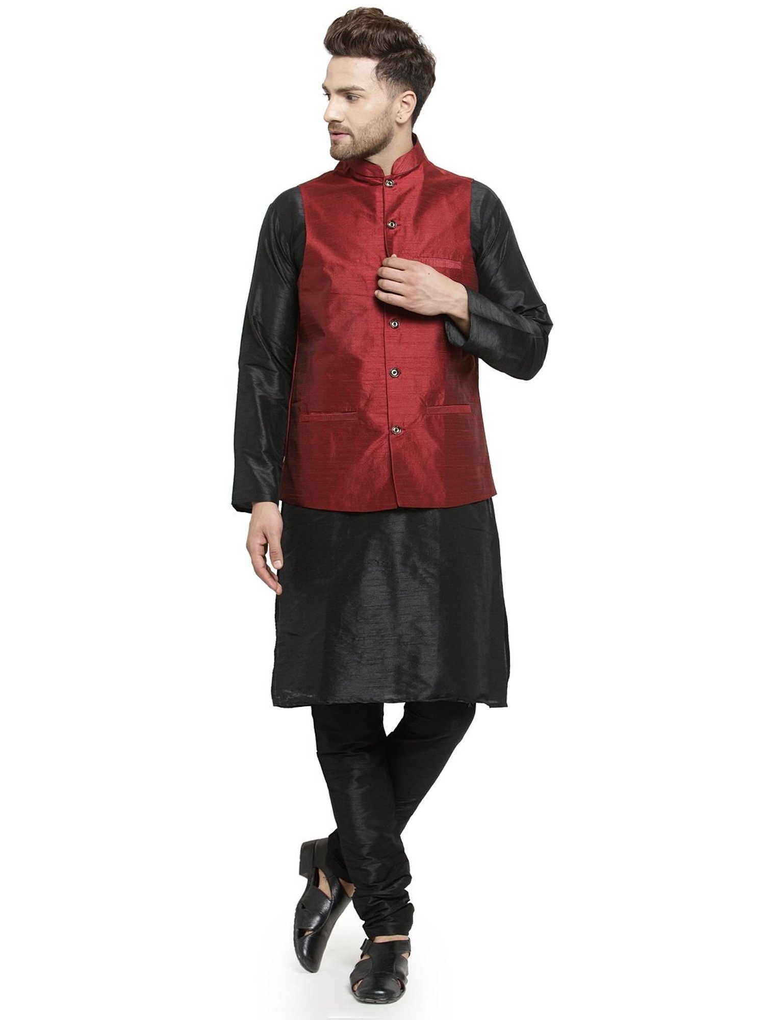 Benstoke Black & Maroon Regular Fit Kurta Set With Jacket