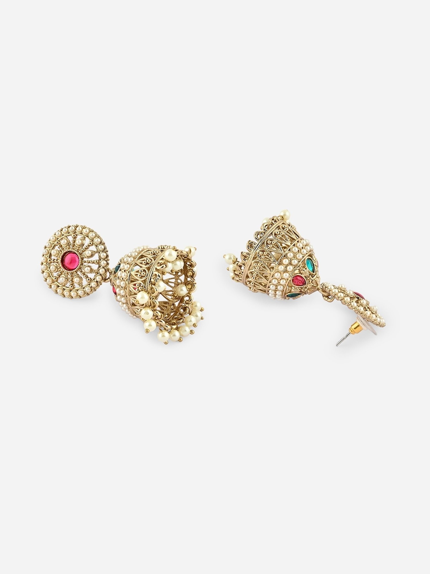 Fida Gold Plated Multicolor White Pearls Temple Jhumki Earrings for Women