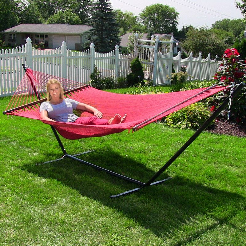 Sunnydaze Outdoor 2-Person Double Polyester Rope Hammock with Wood Spreader Bar and 15ft Black Steel Stand - Red