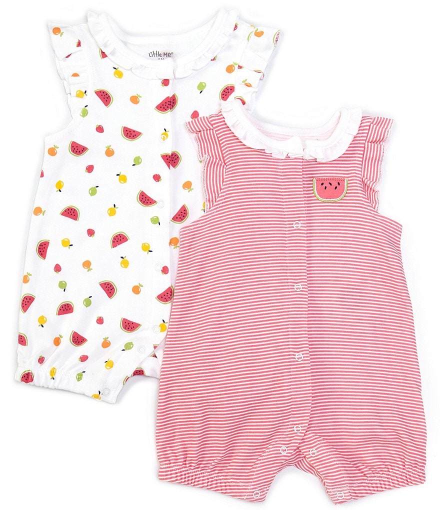 Little Me Baby Girls 3-12 Months Flutter-Sleeve Fruit-Print Romper & Striped Watermelon-Motif Romper Two-Pack