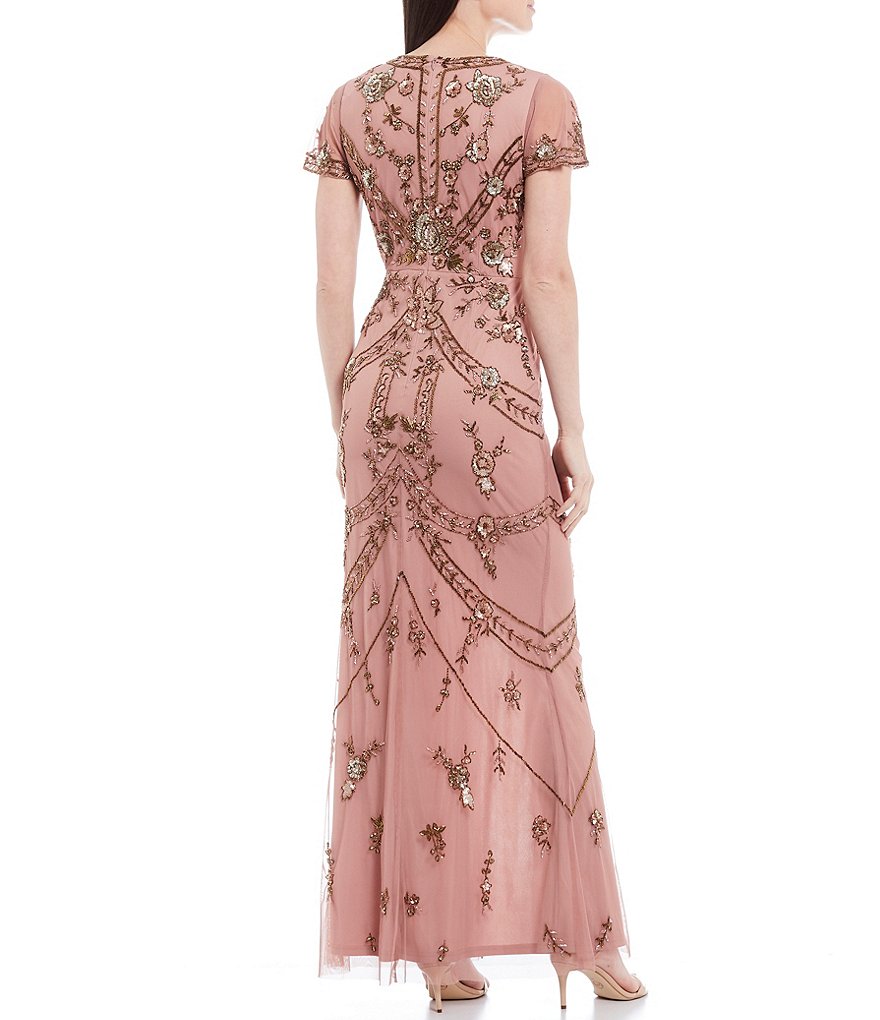 Aidan Mattox V-Neck Short Sleeve Beaded Gown