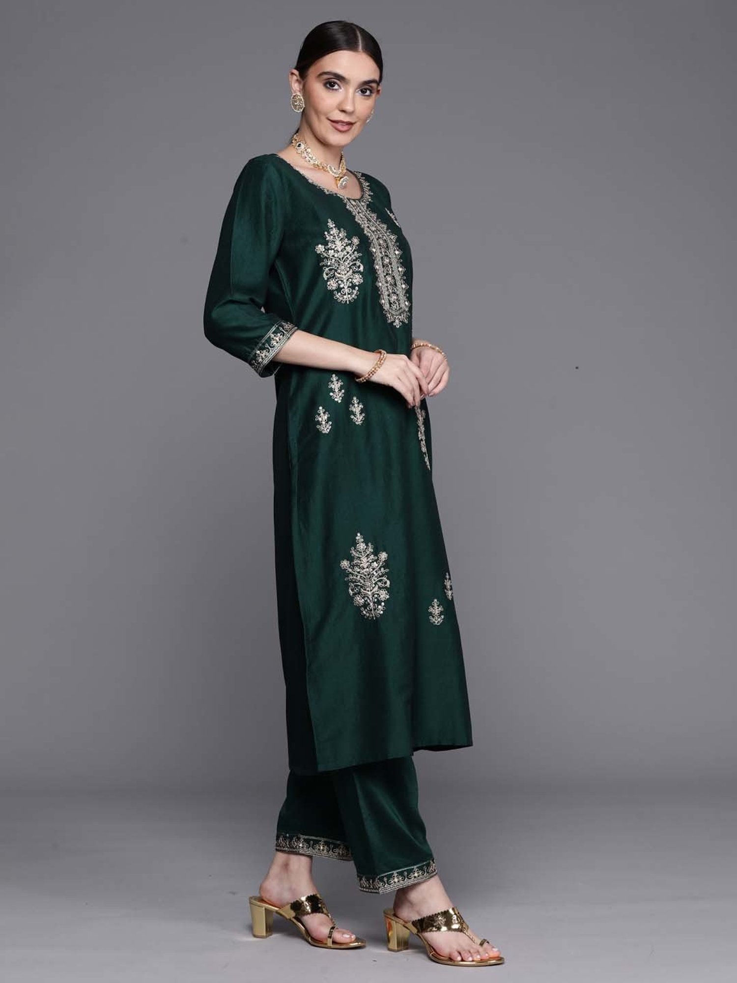 Indo Era Green Embroidered Kurta Pant Set With Dupatta